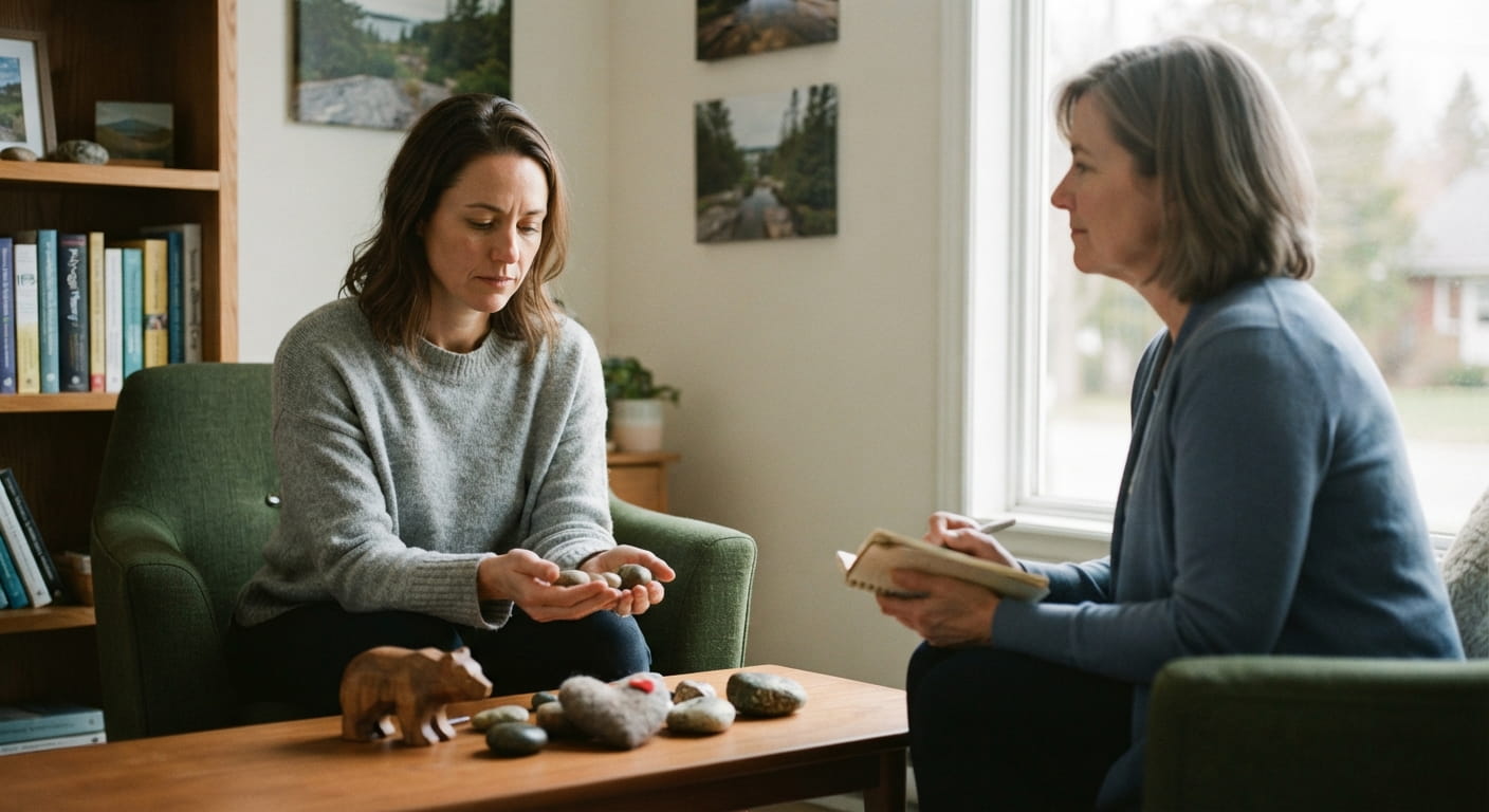 A realistic therapy office photo showing a client holding smooth stones, representing internal family systems therapy, highlighting What Makes IFS Therapy Different From Talk Therapy.
